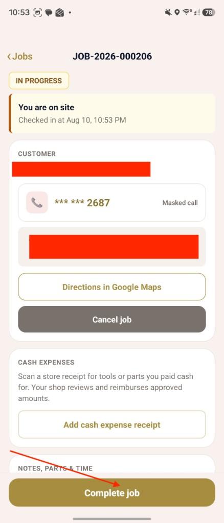 Job details screen showing You are on site and the Complete job button