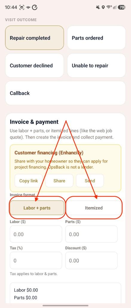 Closeout screen with visit outcome and Labor + parts or Itemized invoice format