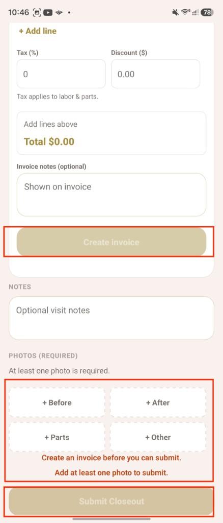 Closeout screen highlighting Create invoice, required photos, and Submit Closeout