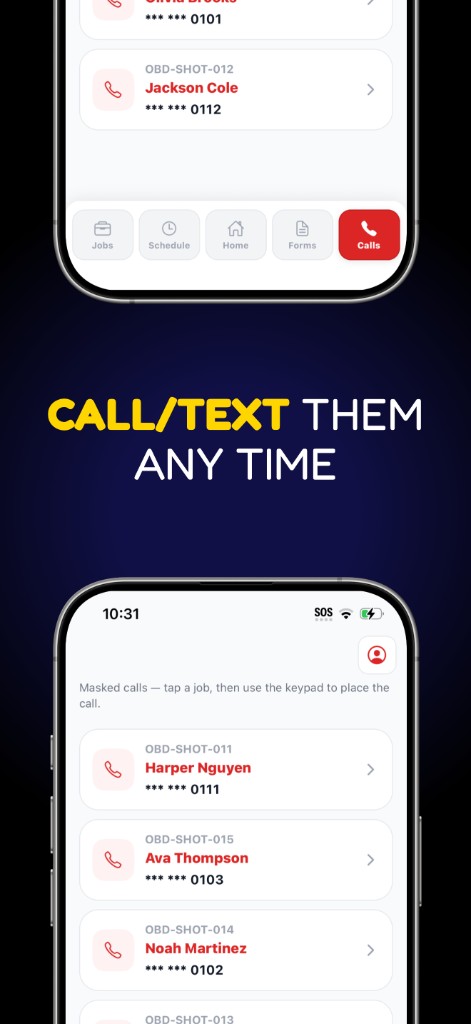 OpsBack technician app — masked job calls so techs can call or text from the truck