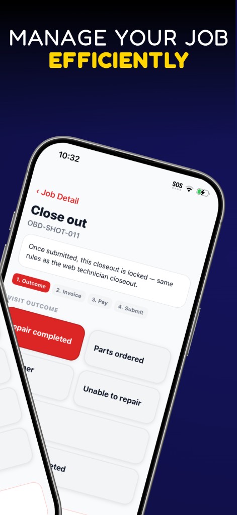 OpsBack technician app — close out a job with visit outcome, invoice, pay, and submit