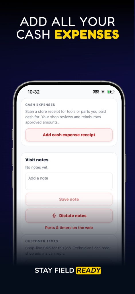 OpsBack technician app — add a cash expense receipt and dictate visit notes