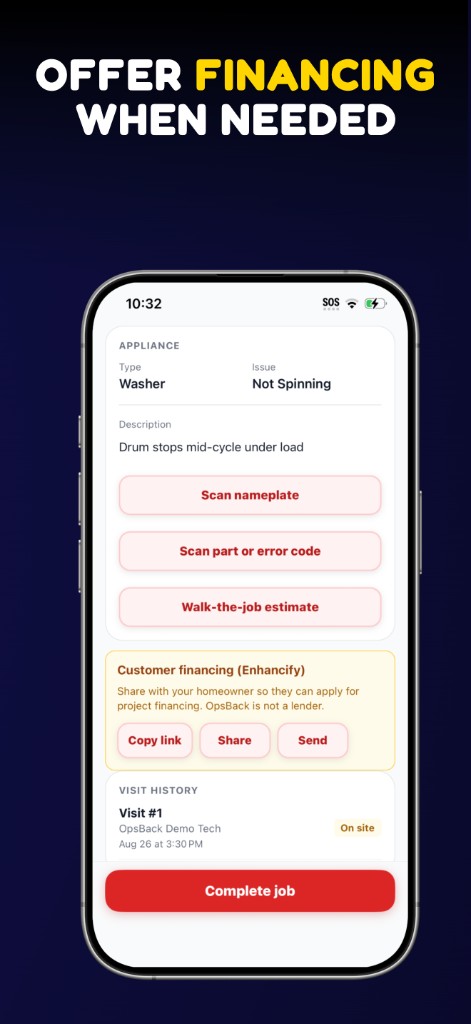 OpsBack technician app — share customer financing on the job when the ticket is larger