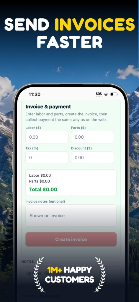 OpsBack technician app — invoice labor and parts and collect payment on site