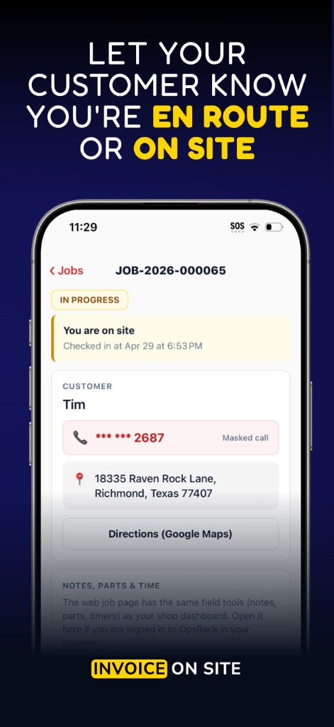 OpsBack technician app — on-site check-in with masked customer call and Google Maps directions