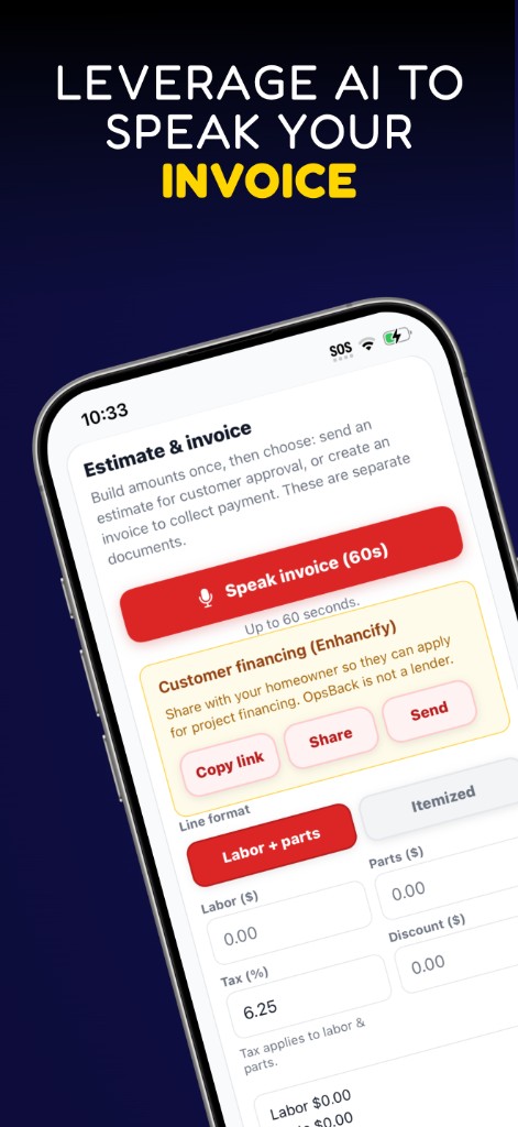 OpsBack technician app — speak an invoice, then send an estimate or collect payment
